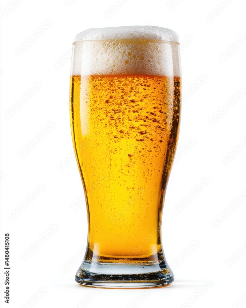 Refreshing pilsner beer fills tall glass with foamy head on white background studio shot crisp detail Refreshing pilsner beer fills tall glass with foamy head on white background studio shot crisp detail