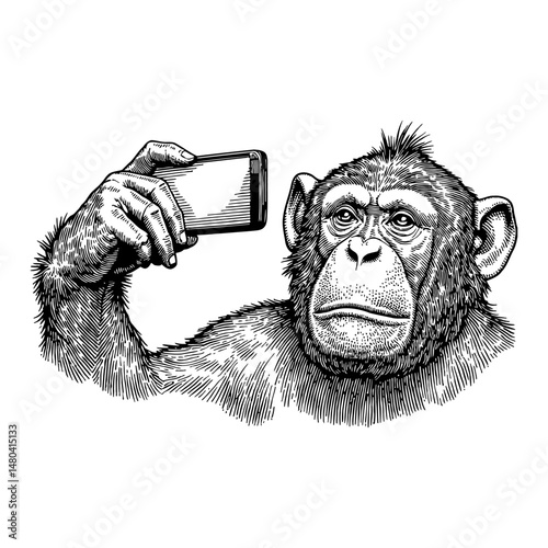 Monkey Taking Selfie Using Smartphone in Black and White Outline Line Art Drawing