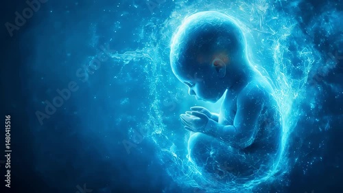 A glowing fetus in the womb, surrounded by glowing energy or fluid resembling amniotic fluid. The fetus is in the fetal position.