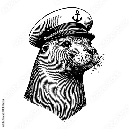 Sea Lion Head Portrait Wearing Captain Uniform Hat with Anchor Logo Black and White Outline Line Art Drawing
