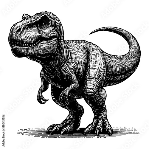 Tyrannosaurus Rex or T Rex Standing in Black and White Outline Line Art Drawing Illustration