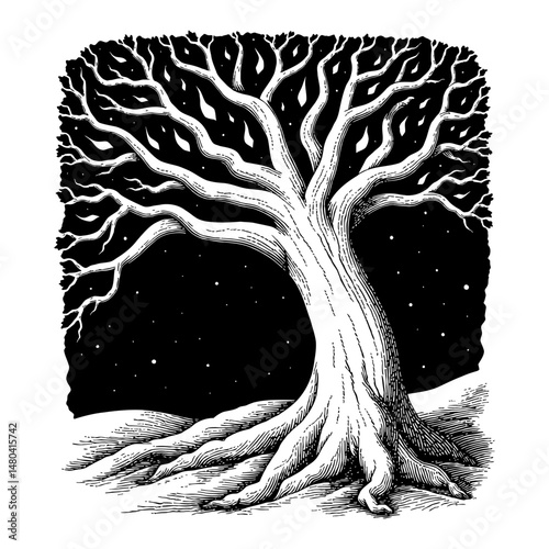 Glowing Magical Dead Tree in the Night Black and White Outline Line Art Drawing Illustration