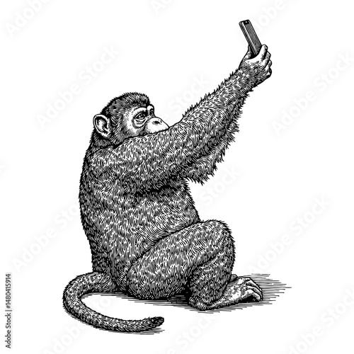 Monkey Taking Selfie Using Smartphone in Black and White Outline Line Art Drawing Style