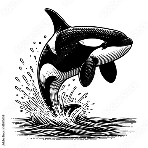 Killer Whale Orca Jumping from Water Black and White Outline Line Art Drawing