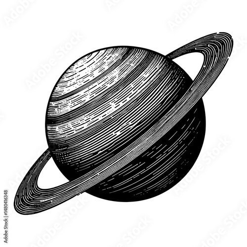 Saturn Planet with Ring Black and White Outline Line Art Drawing Vintage Engraving Style