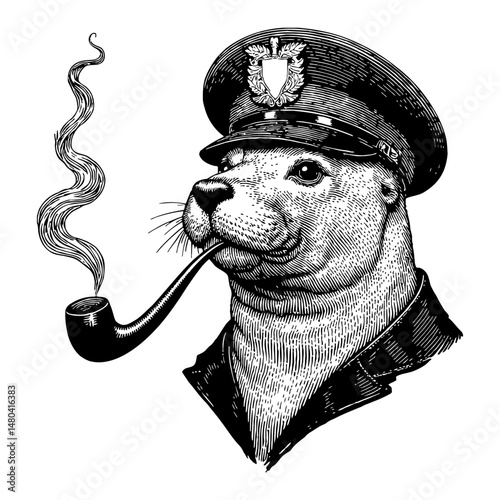 Sea Lion Head Portrait Wearing Captain Uniform and Hat with Anchor Logo Smoking Pipe Black and White Outline Line Art Drawing