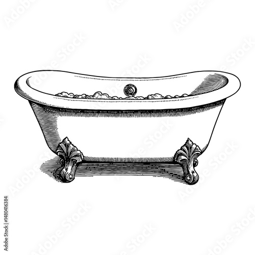 Bathtub with Bubble Side View Decorative Claw Foot Black and White Outline Line Art Drawing