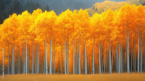 Golden Aspen Grove at Mountain Meadow, Autumn Landscape