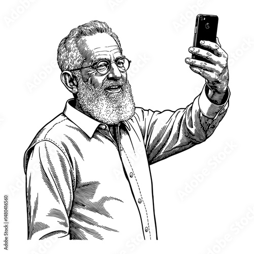 Grandpa Taking Selfie Using Smartphone Black and White Outline Line Art Drawing Illustration