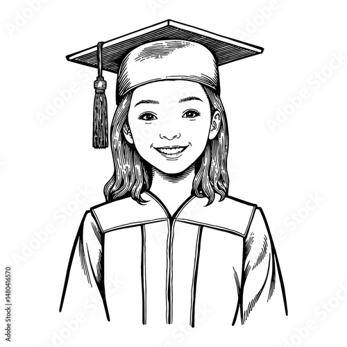 Graduate Girl Student Portrait with Graduation Cap and Gown Smiling Black and White Line Art