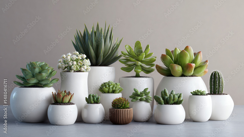 Fototapeta premium white ceramic pots with succulents