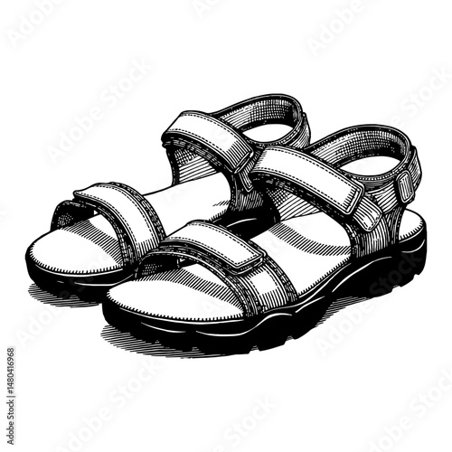 Pair of Hiking Sandals Straps Shoes Footwear Fashionable Black and White Outline Line Art Drawing