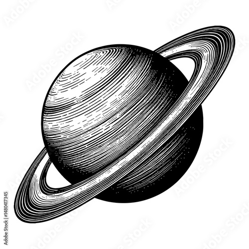 Saturn Planet with Ring in Black and White Outline Line Art Drawing Engraving Style Graphic