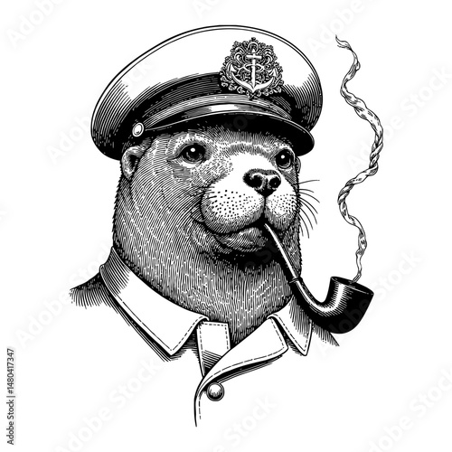 Sea Lion Head Portrait with Captain Uniform Anchor Logo Hat Smoking Pipe Black and White Outline Line Art Drawing