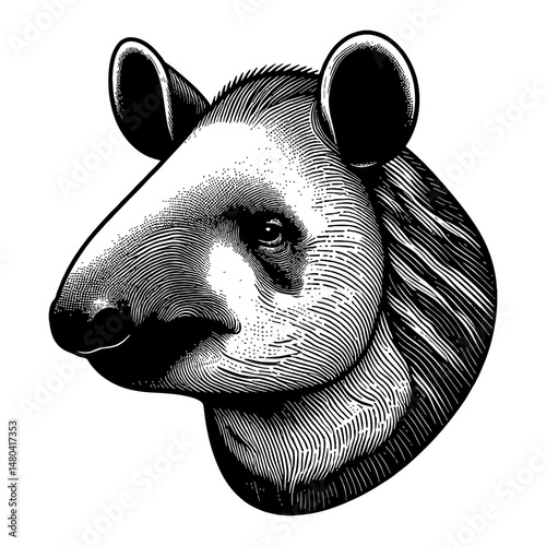 Tapir Head Isolated Detailed Woodcut Style Black and White Outline Line Art Drawing