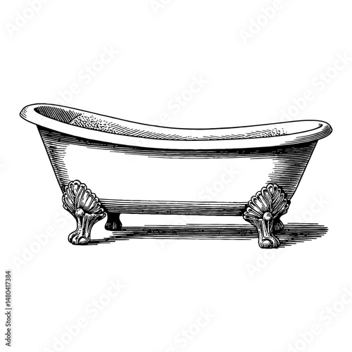 Bathtub with Clawfoot Design Black and White Outline Line Art Drawing in Vintage Style Vector