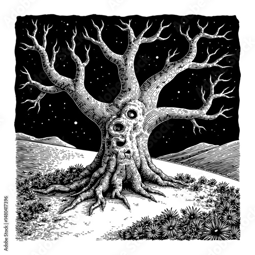 Glowing Magical Dead Tree at Night Black and White Outline Line Art Engraving Illustration