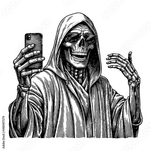 Skeleton Wearing Dark Robe and Sunglasses Taking Selfie Using Smartphone Black and White Line Art Drawing