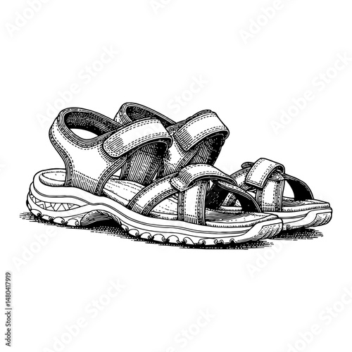 Pair of Hiking Sandals Sport Footwear Summer Fashion Black and White Outline Line Art Drawing