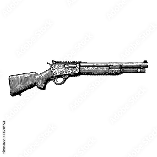 Shotgun Side View Detailed Floral Design Black and White Outline Line Art Drawing Illustration