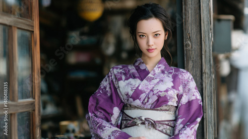 Strong gaze of elegant woman in floral kimono at rustic storefront