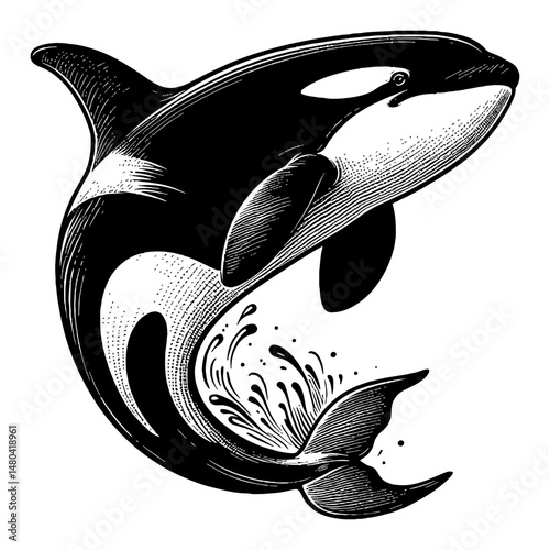 Killer Whale Orca Jumping from Water in Black and White Outline Line Art Vector Engraving