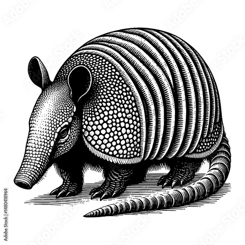 Detailed Armadillo Black and White Outline Line Art Drawing Engraving Style Illustration