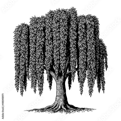 Giant Weeping Willow Tree with Leaves Cascading Down Black and White Outline Line Art Drawing