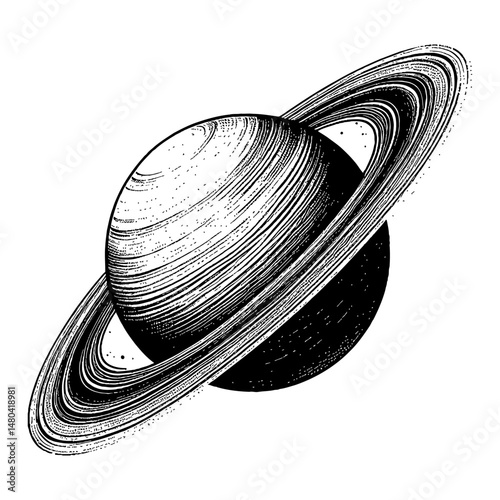 Saturn Planet with Ring Engraving Style Black and White Outline Line Art Drawing Graphic Element