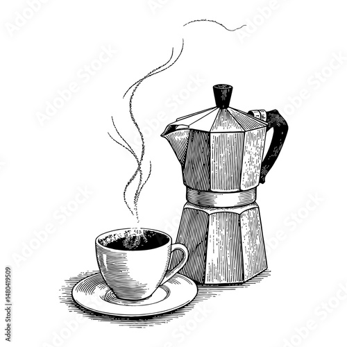 Coffee Cup and Moka Pot with Steam Black and White Outline Line Art Drawing Illustration