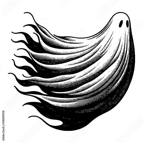 Floating Ghost with Fabric Waving Black and White Outline Line Art Drawing Illustration