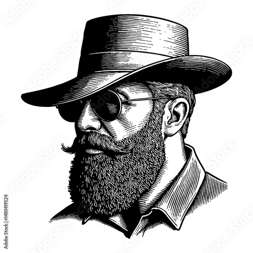 Man with Beard Wearing Cowboy Hat and Sunglasses Black and White Outline Line Art Drawing