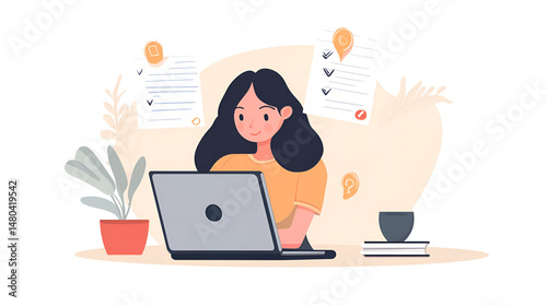 Illustration of a woman working on a laptop with checklist and coffee on a white background