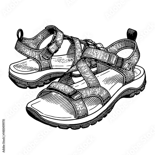 Pair of Hiking Sandals Straps Buckles and Sole Detail Black and White Outline Line Art Drawing