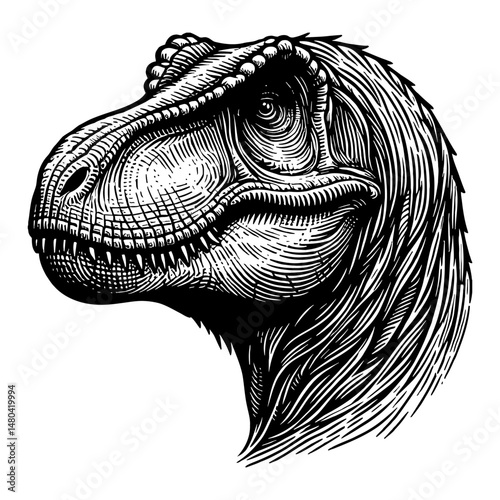 Tyrannosaurus Rex T Rex Engraving Head Side View Black and White Outline Line Art Drawing