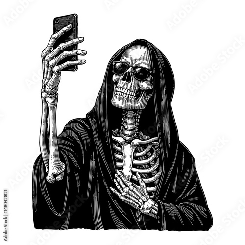 Skeleton in Robe and Sunglasses Taking Selfie Using Smartphone Black and White Outline Line Art Drawing