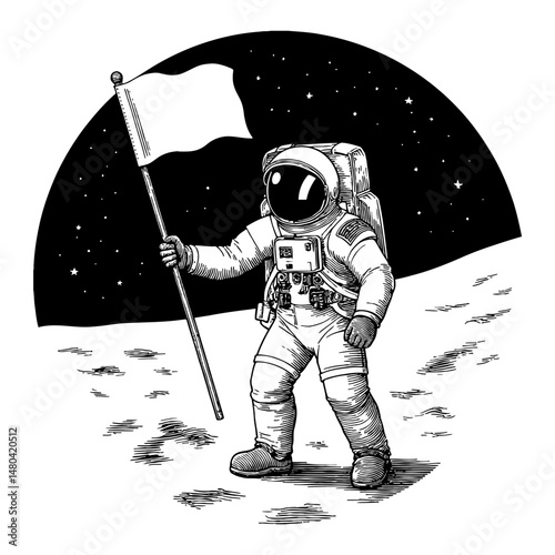 Astronaut Holding White Flag on Moon Surface in Black and White Outline Line Art Drawing