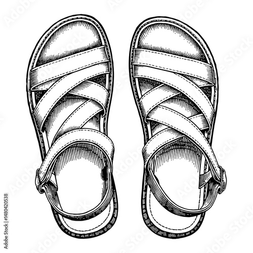 Pair of Hiking Sandals Cross Strap in Top View Detailed Black and White Outline Line Art Drawing