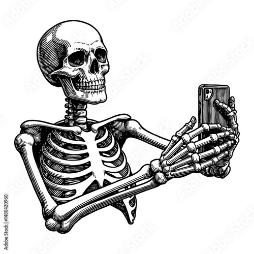 Skeleton Taking Selfie Using Smartphone Black and White Outline Line Art Drawing