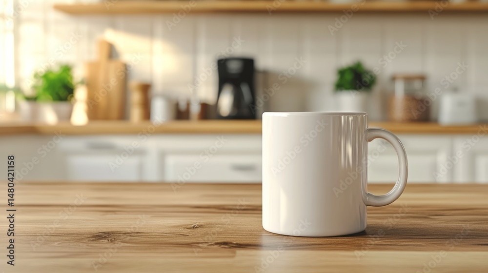 Fototapeta premium White Mug on Kitchen Counter Stock Photo Mockup