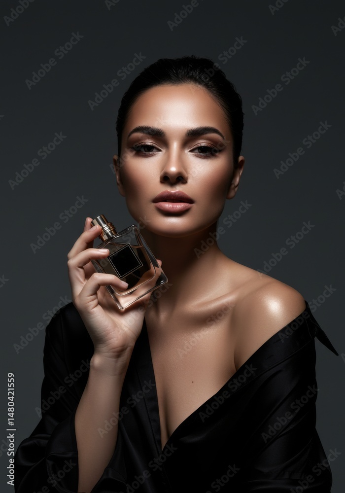 Obraz premium Elegant woman holding perfume bottle in glamorous fashion portrait