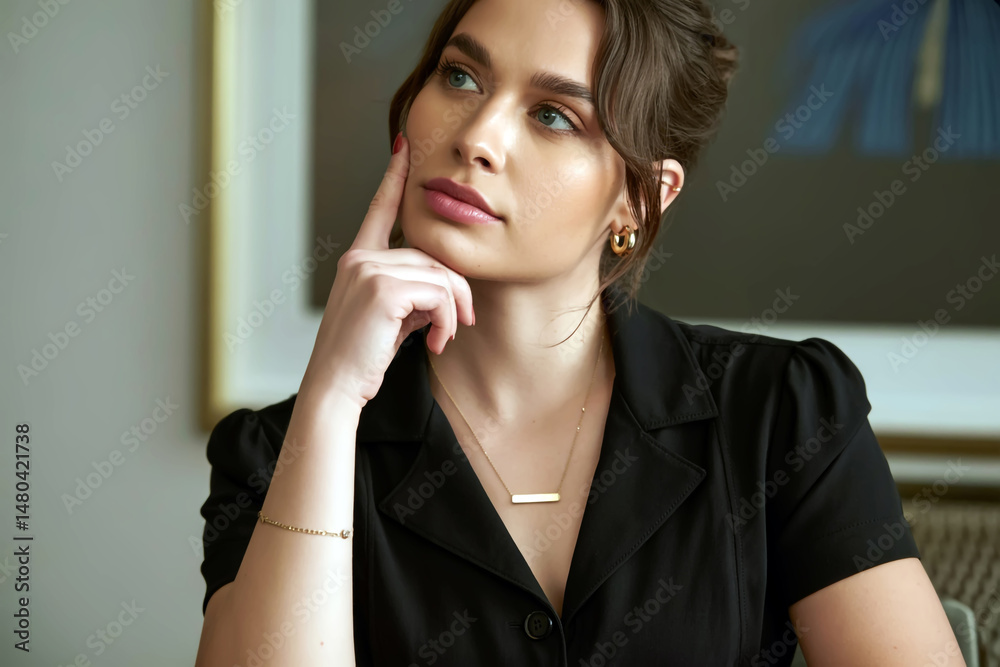 Thoughtful Brunette Woman with Golden Jewelry Posing in Black Blouse Indoors Thoughtful Brunette Woman with Golden Jewelry Posing in Black Blouse Indoors