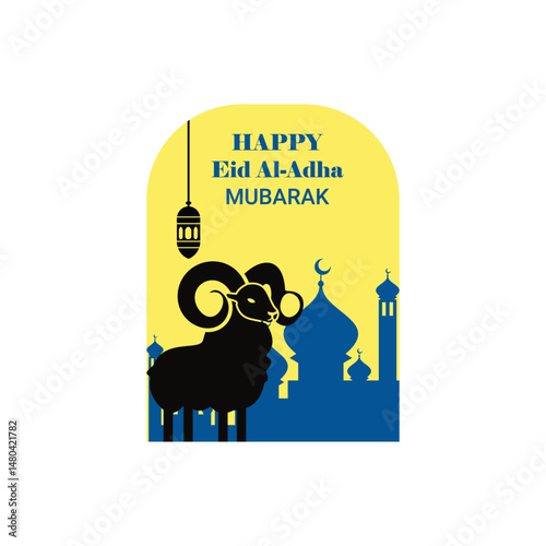 Eid Al-Adha Mubarak Greeting with Ram Silhouette, Yellow Background, and Blue Mosque Elements