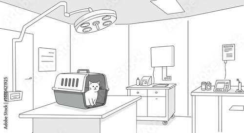 Cat in a carrier in a veterinary clinic room in a minimalist style - concept
