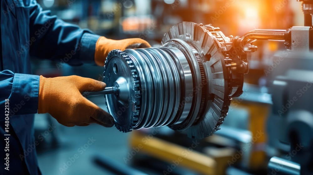 Fototapeta premium Precise Industrial Mechanic Assembling Complex Metal Gear System