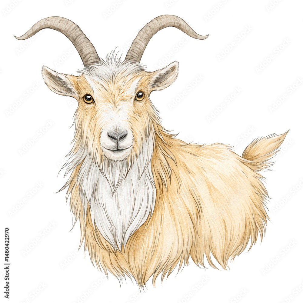A watercolor illustration depicts a golden goat with curved horns looking forward. A watercolor illustration depicts a golden goat with curved horns looking forward.