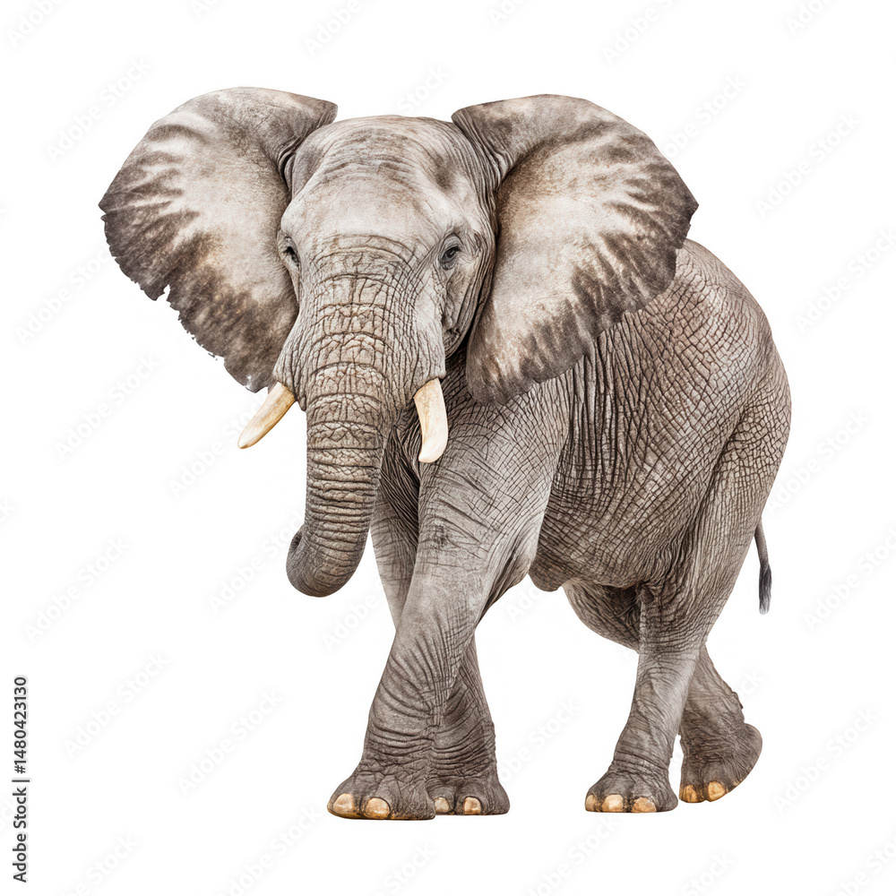 Fototapeta premium Majestic African elephant strides forward powerfully on an isolated background.