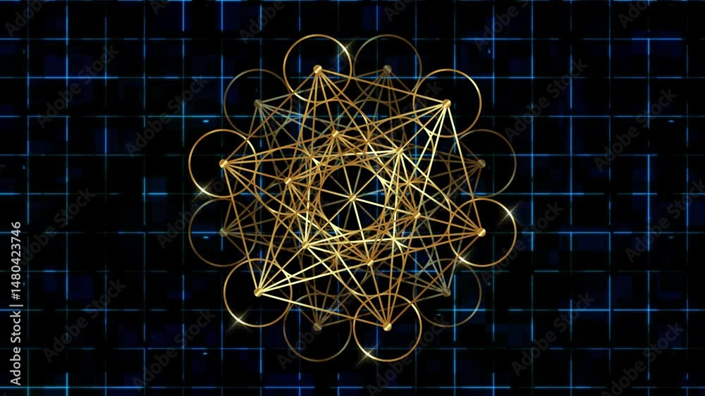 Video animation Metatron's Cube, Flower of Life. Golden Sacred geometry, graphic technology element blue grid background. Mystic gold icon platonic solids, abstract geometric drawing, crop circles