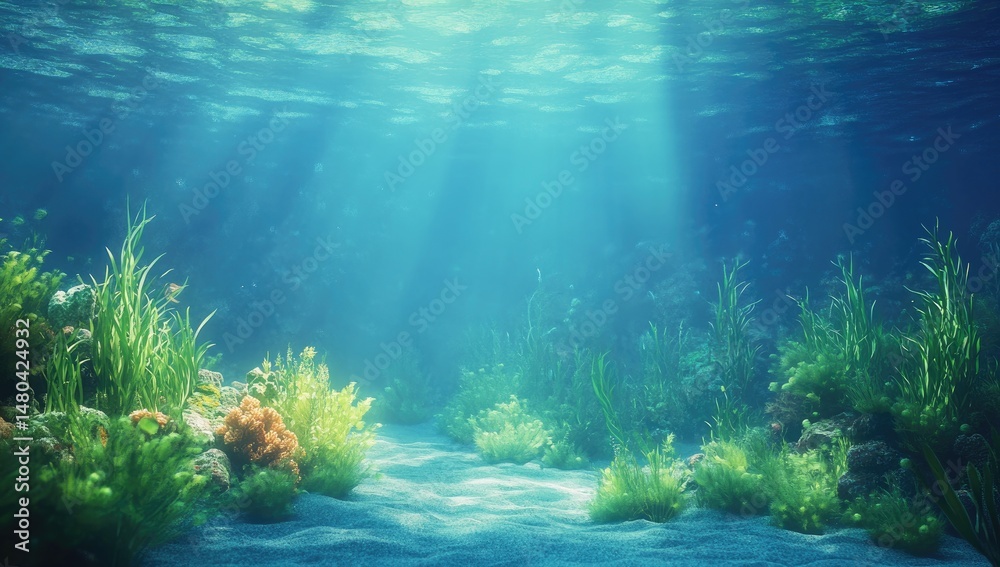 Fototapeta premium Underwater scene with sunbeams penetrating the water, illuminating vibrant aquatic plants and coral