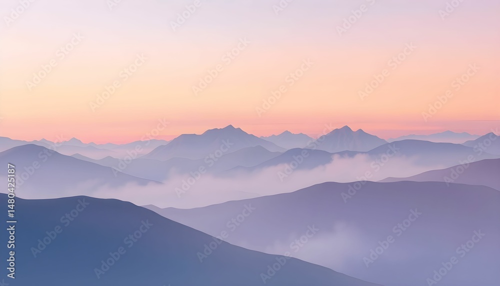 Fototapeta premium Serene Mountain Landscape at Sunrise Misty Peaks and Pastel Sky
